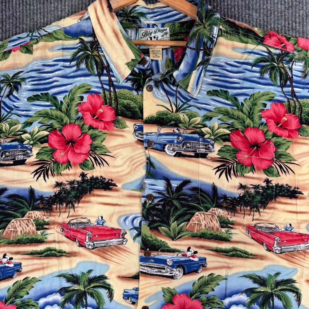 Big Dogs Hawaiian‎ Shirt Mens 4XL Rayon Cars Palm Trees Tropical Aloha Vacation
